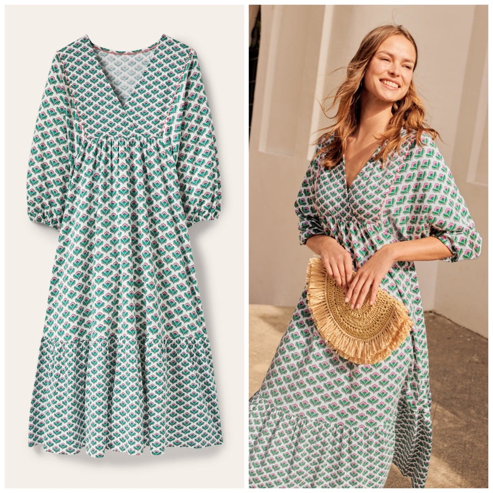 Boden Anita Jersey Green Pink Paisley Bud Print Midi Dress D0145-GRN 14 Long